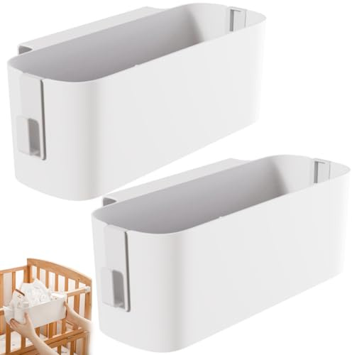 Qanye 2 Stücke Bett Organizer Zum Einhängen mit Abnehmbaren Haken, Hängebett Aufbewahrungskorb aus Hochwertigem PP-Kunststoff, Multifunktionaler Nachttisch Organizer für Handy, Babybett, Büro (Weiße)