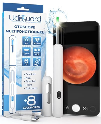 Otoscope Oreille avec Caméra 1920p 3,6mm Étanche WiFi Elimination du Cérumen - UdiGuard Endoscope Nettoyant Oreille 6 Lumières LED Animaux Adultes Enfants - Compatible avec iPhone iPad Android Blanc
