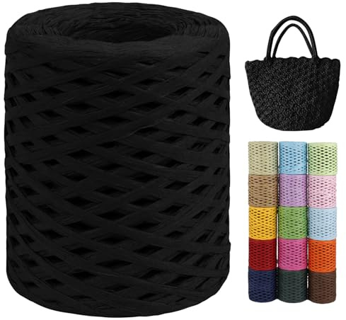 LEREATI Raffia Garn zum Häkeln von Taschen, 3mm x 200m Flach Papierdraht Bast Band Natur Paketschnur Papiergarn Raffia Bast zum Häkeln Handtasche, Körbe, Hüte, Geschenkverpackung (Schwarz)