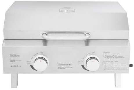 Barbacoa de gas portátil para camping y picnic, con parrilla de mesa, termómetro integrado y depósito de grasa extraíble, acero inoxidable