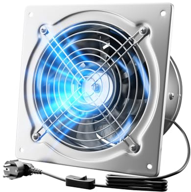 Hon&Guan 250mm Extracteur d'air Clapet Anti-retour Métallique 1680m³/h | Vitesse de Rotation 2580 tr/min, avec Interrupteur, Câble de 2,5 mètres, pour Cuisine, Garage, Atelier, Grenier, Débarras