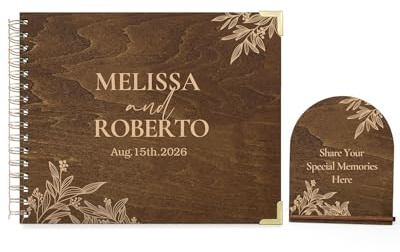 HZGUEOSTB Personalisiertes hölzernes Gästebuch mit Tischschild, 100 leere Seiten, 27,4 x 21,3 cm, Spiralbindung, Polaroid-Schild im Buch für Hochzeit, Party, Jahrestag, Beerdigung, Geburtstag