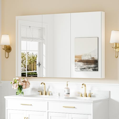 Keonjinn Spiegelschrank Bad, 120 x 80 cm Badezimmerschrank mit Spiegel, Hängeschrank mit verstellbaren Regalen, Modern Wandschrank für Badezimmer, weiß