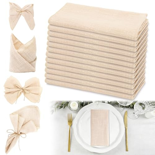 Stoffservietten Baumwolle, 12er-Set Stoffservietten Beige, Baumwolle Musselin Servietten Stoff Tischservietten 42x42 cm Abwaschbare Servietten Tischdekoration für Hochzeit Geburtstag Restaurant Partys
