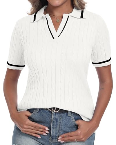 YUNDAI Womens Short Sleeve Cable Knitted Collared V Neck Jumpers