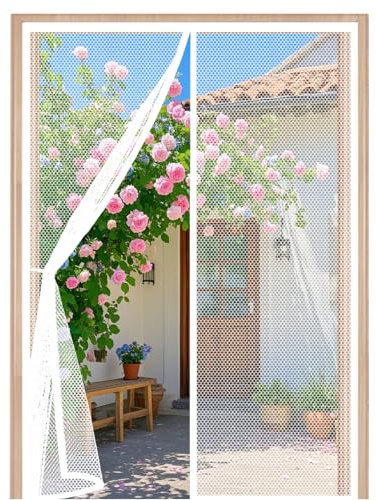 Fly Screens for Doors 120 x 210 cm with Powerful Magnets and Full Frame Magic Tape Flyscreen French Doors Easy to Install Without Drilling for Balcony Patio Bedroom, White