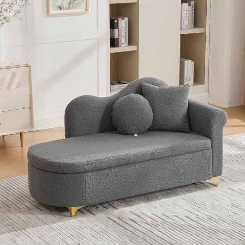 Kelodan Multifunktionale Chaiselongue mit Stauraum, 134 cm, Lammfell-Optik-Stoff, wellenförmige Rückenlehne, hochdichter Sitzkissen, inkl. Lendenkissen + Nackenkissen, Antikgrau