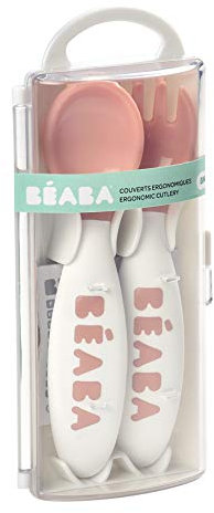 Beaba Second Stage Couverts, cuillère et fourchette ergonomiques pour bébé avec étui de voyage, rose
