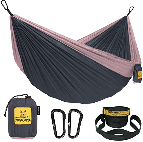 Wise Owl Outfitters Hängematte - Outdoor Hängematte für 1 Person - Ultraleichte Reisehängematte - Belastbar bis 180 kg - Camping Zubehör - Inkl. Aufhängung u. Karabiner (Kohlegrau und Rose)