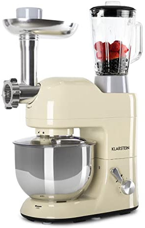 Klarstein Lucia Morena - Robot da Cucina, Impastatrice, Planetaria con Tritacarne, 2000 W, 5 L, Mixer con Sistema Planetario, Ganci per Pasta, Shaker da 1,5 L, Velocità Regolabile, Crema