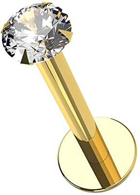 Monster Piercing 14K s?Lido Amarillo Oro Calibre 16-6MM Longitud Labio Interno Hueco Labret con 2MM Redonda Piedra de la CZ Trago Barra perforaci?n