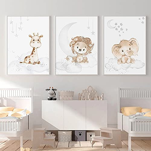3 Safari Baby Tiere Bilder 50x70 Wandposter Babyzimmer Beige Grau Poster Tiere Kinder Elefanten Giraffe Löwe Wandbilder Kinderzimmer Wolke Stern Mond Poster Leinwand ohne Rahmen