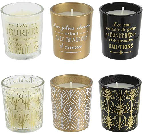 The Candle Factory BO5134 Bougies parfumées Home déco art Coffret de 6 assorties Senteur vanille Pots verre Doré noir et transparent H5,5 x 14,6 x 18,6 cm
