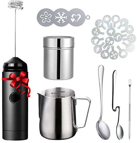 Milk Frother Handheld Coffee Art Set - with Milk Frother Pitcher, Powder Cocoa Shaker, Latte Art Pen, Coffee Stencils, Coffee Spoons