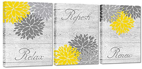 ZingArts 3 Pieces Yellow Gray Bathroom Wall Art Prints Dahlia Flowers Relax Refresh Renew Signs on Rustic Wood Background Stretched and Framed for Bedroom Living Room Ready to Hang 12x16x3pcs
