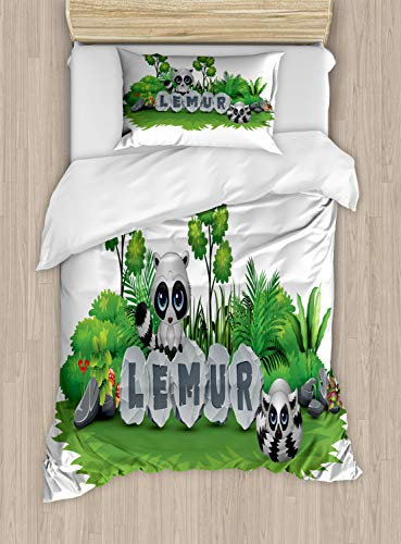 ABAKUHAUS Lemur Bettbezugs Set für Einzelbetten, Madagaskar Waldtiere, Milbensicher Allergiker geeignet mit Kissenbezug, 130 x 200 cm, Grau
