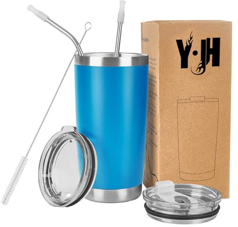 Y·J&H 20oz (550ml) Gobelet de voyage Tasse à café à paroi double isolée sous vide acier inoxydable,avec 2 couvercles anti-éclaboussures, 2 pailles et brosse de canalisation, sans BPA - Bleu Ciel