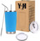 Y·J&H 20oz (550ml) Gobelet de voyage Tasse à café à paroi double isolée sous vide acier inoxydable,avec 2 couvercles anti-éclaboussures, 2 pailles et brosse de canalisation, sans BPA - Bleu Ciel