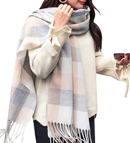 heekpek Damen Kariert Oversized Kaschmir Schal Lange Winterschal Weich Wraps Groß Karo Fransen Schal Warm Schal für Herbst Winter, Weiß grau