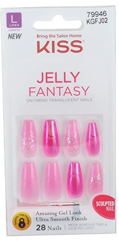 KISS Jelly Fantasy On-Trend Translucent Nails, Long Sculpted Glue-On/Press-On Fake Nails Kit, “Jelly Baby”, with Gel Nail Glue, 24 Mega Adhesive Tabs, Mini File, Manicure Stick, & 28 False Nails