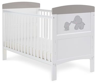 Obaby Grace Inspire Cot Bed - Me & Mini Me Elephants Grey | Converts to Junior Bed, 3 Mattress Positions, Teething Rails