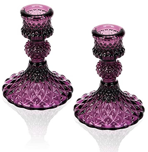 Kerzenhalter aus Glas, Kerzenhalter, dekorativer Kerzenständer für formelle Veranstaltungen, Hochzeit, Party, Tischdekoration, Heimdekoration, Dunkelviolett, 2 Stück