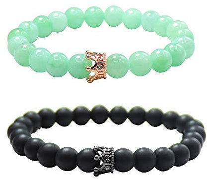 UEUC Armband mit CZ Kronen König und Königin schwarz Matte und weiß Howlite 8 mm Beads Armband(#70)