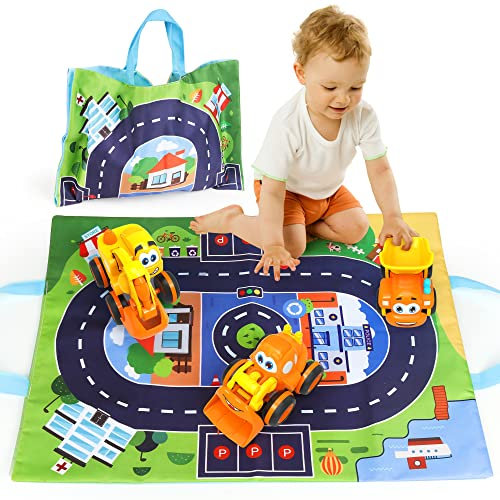 Norkbeng Auto Spielzeug Junge Mädchen, Auto Set Spielzeug Auto Kinder Spielzeug mit Spielmatte Aufwahrungstasche, Bagger Reibungsantrieb Spielzeug Auto Geschenk für Kinder ab 2 Jahre