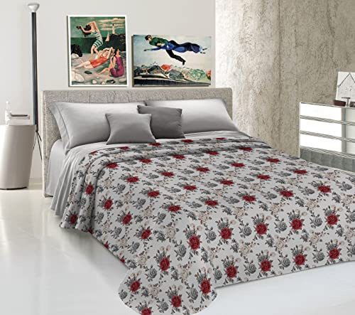 Generico Telo Copriletto Primaverile Estivo Piquet, Made in Italy |Ideale Come Telo Arredo, Coperta Salva Letto Cotone Leggero Fantasia Floreale Rose (Matrimoniale, Rosso/Grigio)