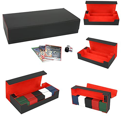 PU Karten Deck Box,Spielmatte und WüRfel Sammler BehäLter Karten Box HäLt 550+ Trays & Divider Für Karte Storage Box (Schwarz Rot)