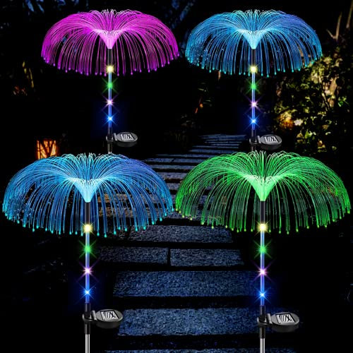 NMM Solar Garten Lichter Outdoor Wasserdicht, 4 Pack 7 Farbe Wechselnde Upgraded Solarbetriebene Quallen Lichtwellenleiter Licht für Hof Patio Weg Rasen Party Dekorative