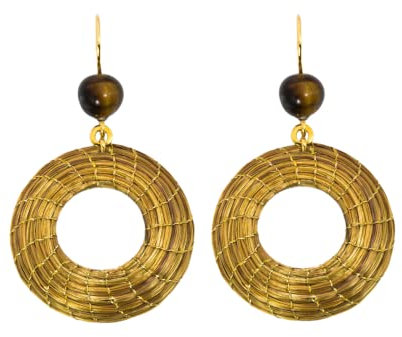 VERA NAVARRO - Offene Mandala Ohrringe in Goldgras mit Tigerauge-Stein - 100% Natürlich, Handgefertigt - 30 mm