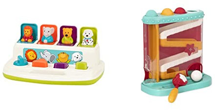 Battat – Pound & Roll – Baby Activity Toy Station with 1 Toy Hammer and 4 Balls for Kids 12 Months + (7-pcs) & Pop-up Pals - Color Sorting Animal Push and Pop Up Toy for Kids 18 Months +, BT2613Z