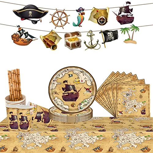 IXOKEV Piraten Kindergeburtstag Deko Geschirr,Piraten Party Geschirr Set,Piraten Geburtstags Party Geschirr Set mit Teller Becher Servietten Tischdecke