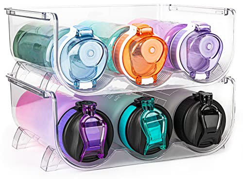 GOKEDA 2 Packung WasserflaschenOrganizer, Wasserflaschenhalter, Kunststoff, stapelbares Wasserflaschen-Aufbewahrungsregal für Küchenschränke/Arbeitsplatte/Kühlschrank, Jedes Regal fasst 3 Behälter