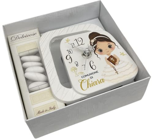 Regalami.shop bomboniera orologio cm 11x12 in marmo di carrara personalizzabile, disponibile per tutte le cerimonie, completa di tutto, prodotto made in Italy (comunione bimba)