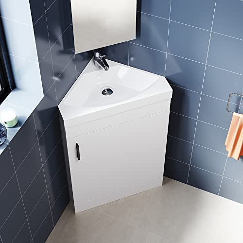 ELEGANT Premium Quality Corner Vanity Sink Unit with Vitreous Resin Basin, High Gloss White Vanity unit supplied, Bathroom Storage Furniture (560mm)