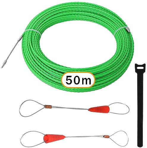 Poweka Kabeleinziehhilfe 50m, 4,5mm Zugdraht, mit 2 Führungsfedern Einziehfeder,Zugdraht für Leerrohre, Einziehspirale für die Kabelverlegung(Grün)