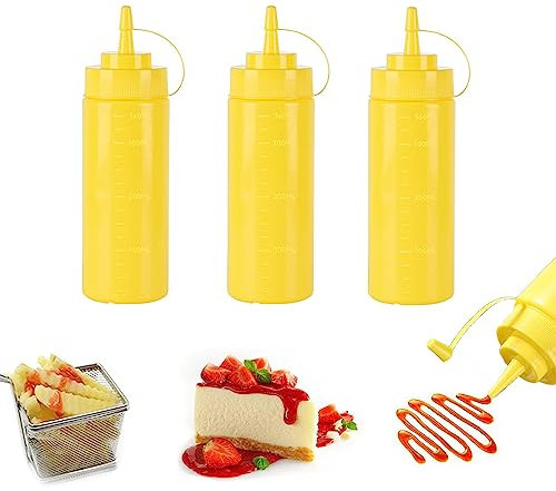 Lot de 3 bouteilles à presser en plastique jaune de 355 ml pour condiments - Bouteilles à gicler polyvalentes pour ketchup, huile, confiture, sauce barbecue, vinaigrettes, grillades, travaux manuels,