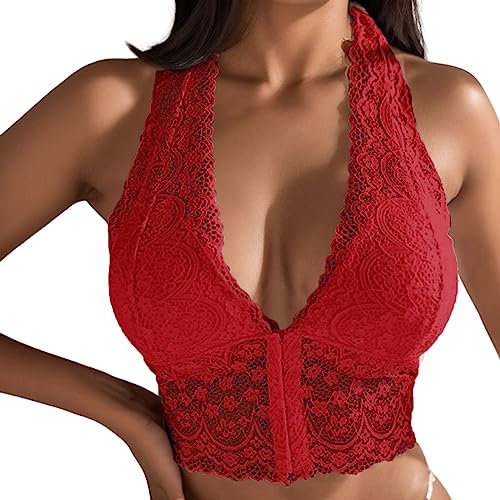 Neckholder BH Bralette Damen Sexy Tiefer V-Ausschnitt Offene Brüste BH Rückenfreier Triangel Bralette Ohne Bügel Push up BH Starker Halt Triangel Bikini Oberteil mit Metall Ring G1-Rot,S