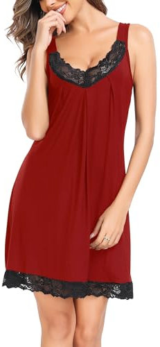 Lovasy Nuisette Sexy Femme en Dentelle Court Chemise de Nuit Babydoll Coton Grande Taille Bretelles Large Robe de Nuit Col en V sans Manches Vin Rouge XL