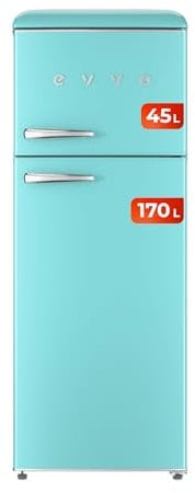 EVVO Frigorifero 2 ante F45 Retro Blu Pastello, frigorifero 170 litri, congelatore 45 litri, design vintage, cassetto Crisper Zone, privo di gas CFC, silenzioso (Blu pastello)