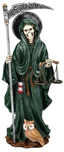 Santa Muerte Figur mit Waage grün 26,5 cm | Sensenmann Grim Reaper Fantasy Deko Eule Sense Sanduhr
