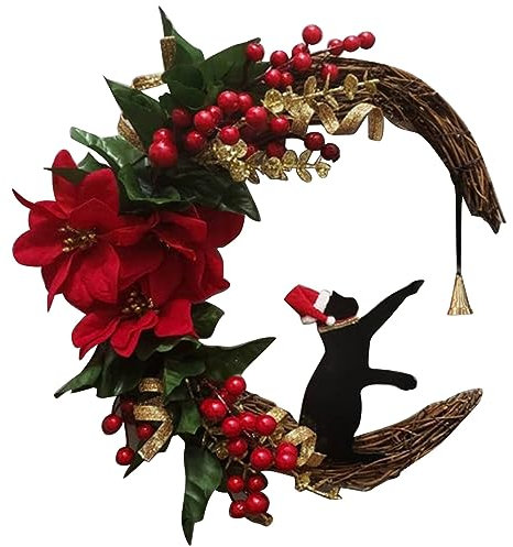 Christmas Wreath Christmas Wreath Decoration Wall Ornament Moon Wreath With Cat Flowers Garland Winter Christmas Decorations Room Decor for Xmas Front Door Window Fireplace