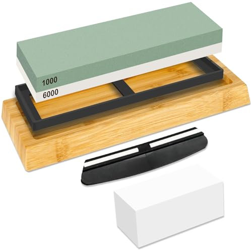 RISEMART Knife Sharpening Stones Set, Professional 1000 6000 Grit Whetstone for Sharpening Knives with Flattening Stone, Non-Slip Base, Angle Guide (5 Pcs)