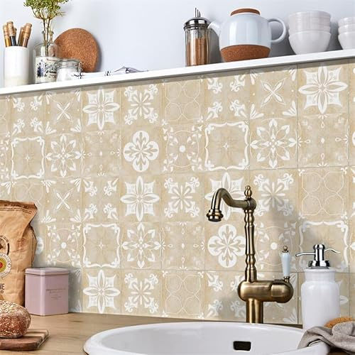 Fliesenaufkleber Retro Khaki Beige Klebefliesen Wasserdicht Fliesenaufkleber Bad Fliesenaufkleber Küche Fliesenfolie Mosaikfliesen für Schrank Möbel Küchenrückwand Folie 24 Stück/15x15cm