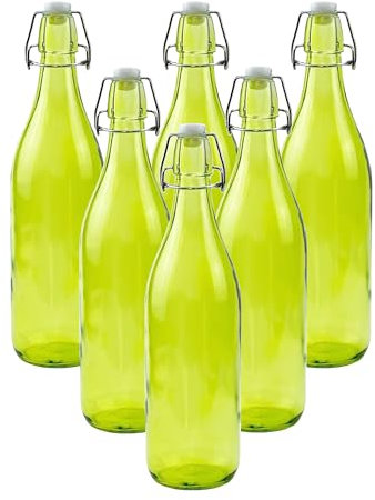 simpa 1 Litre Traditional Vintage Style Glass Bottles with Swing Top Lids - Set of 6 Green Bottles.