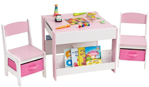 Yorbay Kindertisch mit 2 Stühle, Kindermöbel Set aus Holz mit Stauraum und Bücherregalen, 3 in 1 Maltisch & Aktivitätstisch & Tafeltisch, Kinderzimmer, Spielzimmer, Vorschüler (Rosa)