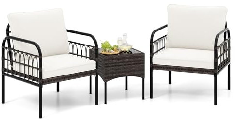 COSTWAY 3tlg. Rattansessel Set Gartensessel, Terrassenstühle Metallrahmen mit Glas Beistelltisch & Kissen, Gesprächsset Gartenmöbel-Set für Garten Hinterhof und Poolbereich