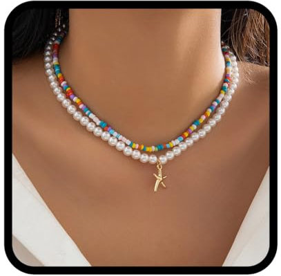 Handcess Perlen Halskette Gold Stern Anhänger Halsketten Boho Bunt Halskette für Damen